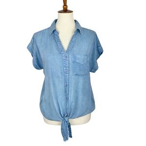 M Unique Spectrum Soft Blue Denim Chambray Thin Tie Front Button Up Blouse Top